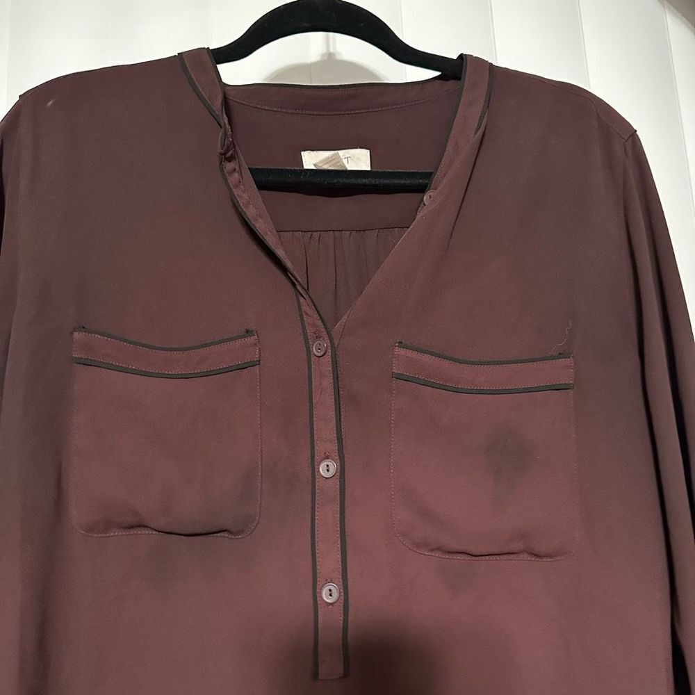 Loft Burgundy Lightweight Blouse Button Down 3/4 sleeves - Picture 2 of 5